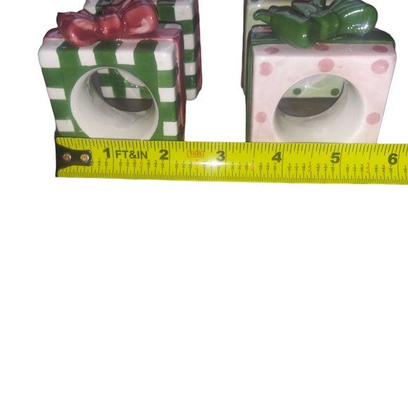 Set of 4 Ceramic Gift Box Napkin Rings Holiday Present/Bow Shape Napkin Rings - Picture 7 of 10